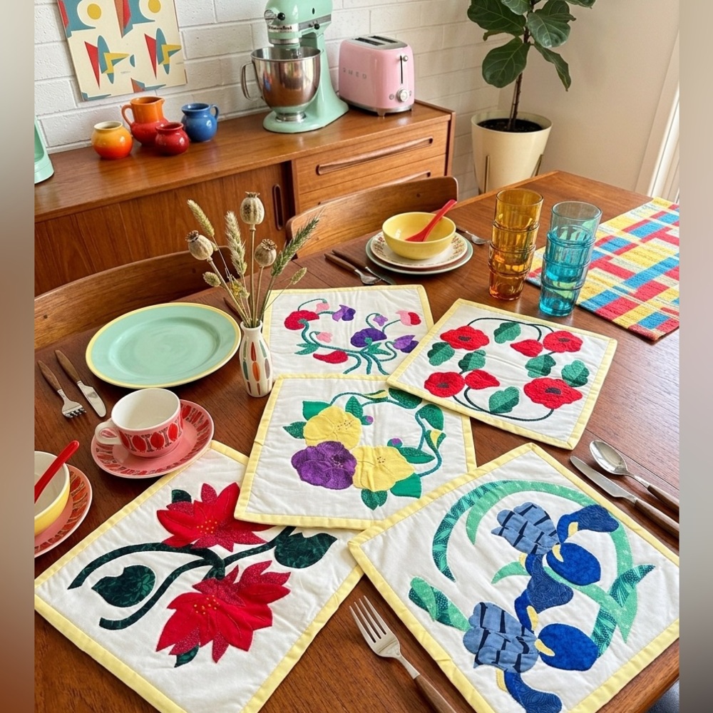Rare Vintage Floral Hand-Stitched Quilt Blocks / Table Mats(5) Set One-of-a-kind